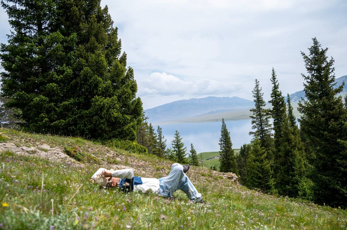 A lightweight portable chair set up beside a scenic hiking trail.